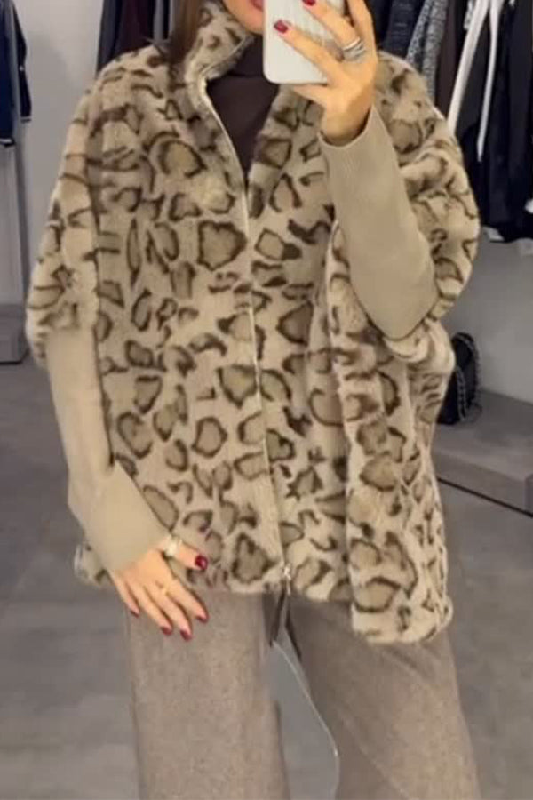 Women Casual Stand Collar Plush Leopard Print Paneled Knit Sleeve Zipper Jacket - Seldom Seen Styles