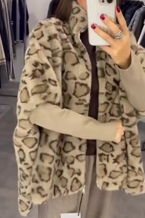 Women Casual Stand Collar Plush Leopard Print Paneled Knit Sleeve Zipper Jacket - Seldom Seen Styles