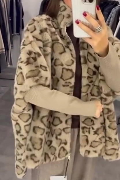 Women Casual Stand Collar Plush Leopard Print Paneled Knit Sleeve Zipper Jacket - Seldom Seen Styles