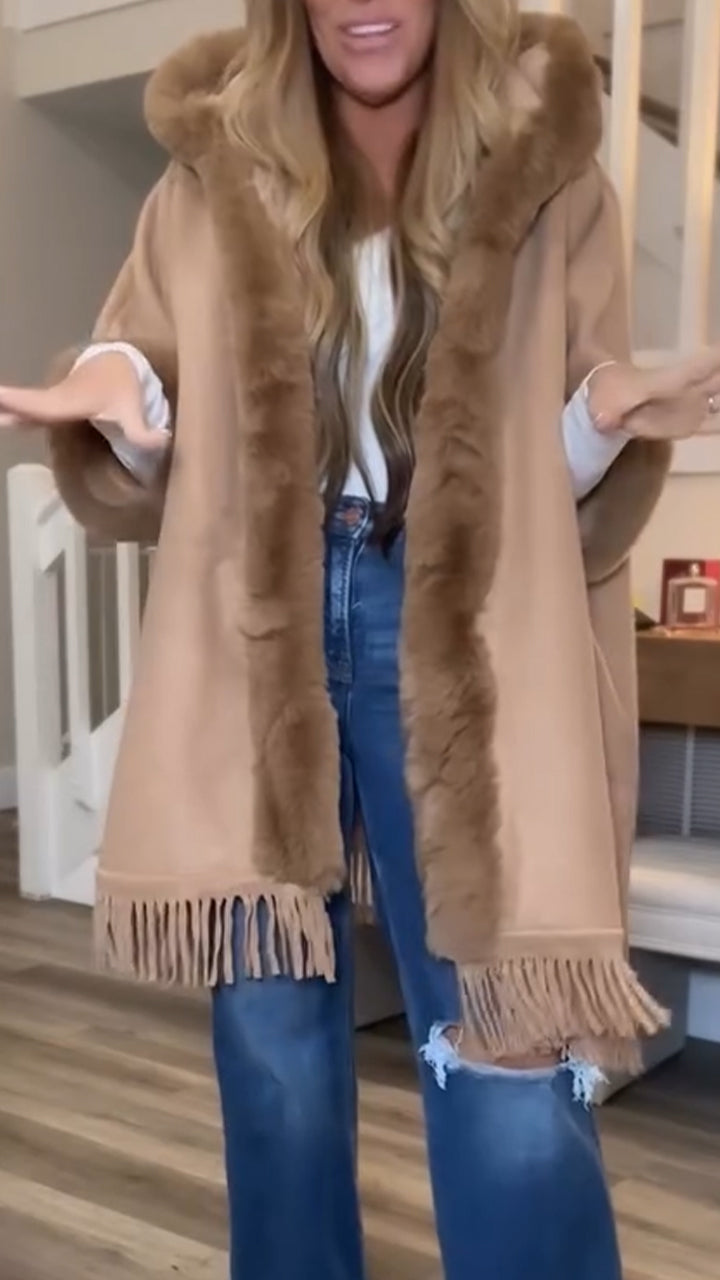 Women Fur Collar Hooded Tassel Casual Coat - Seldom Seen Styles
