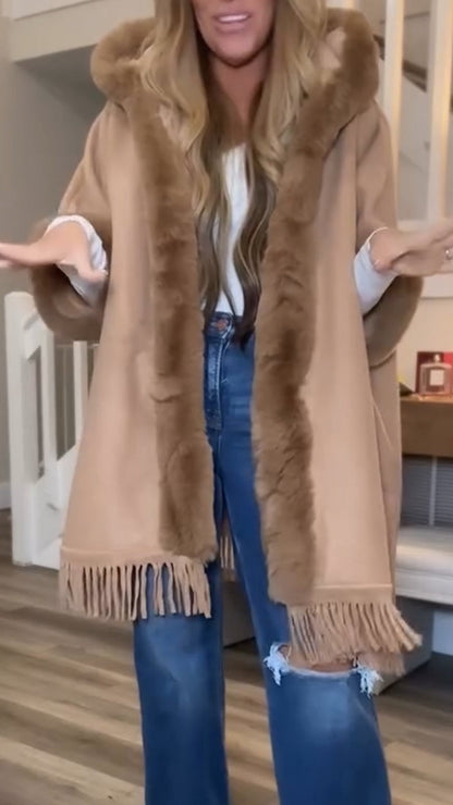 Women Fur Collar Hooded Tassel Casual Coat - Seldom Seen Styles