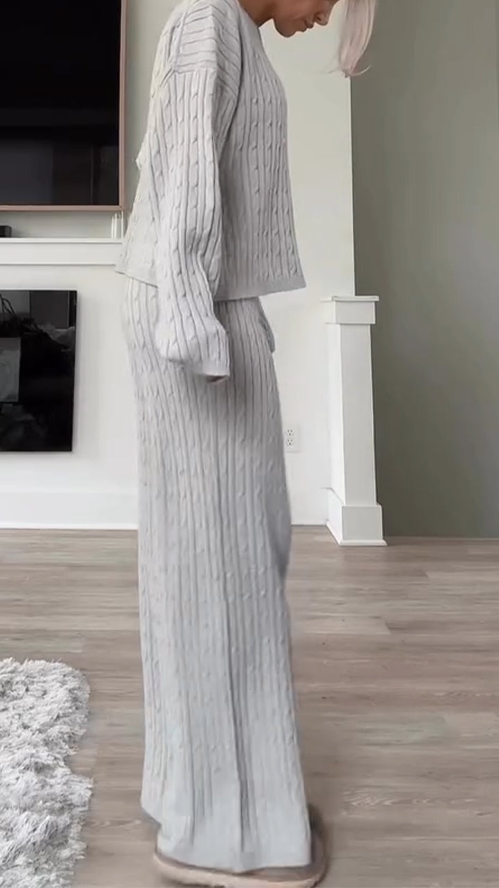 Women Round Neck Solid Color Cable Knitted Suit - Seldom Seen Styles