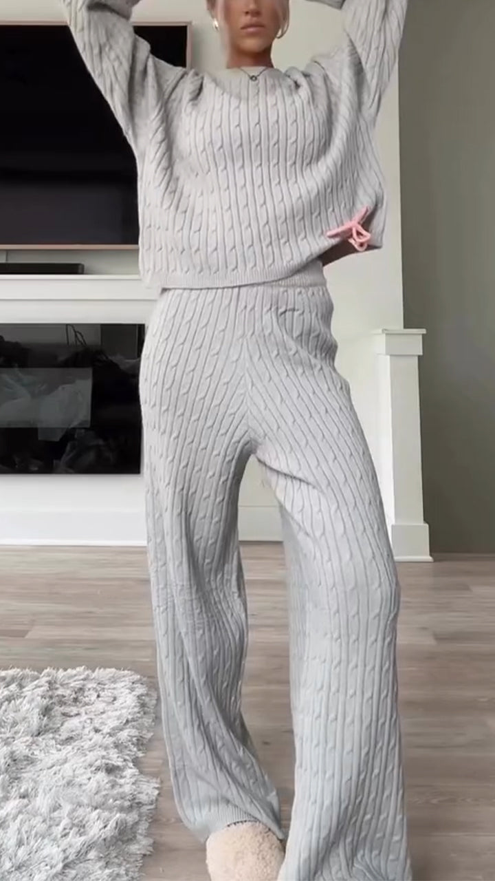 Women Round Neck Solid Color Cable Knitted Suit - Seldom Seen Styles