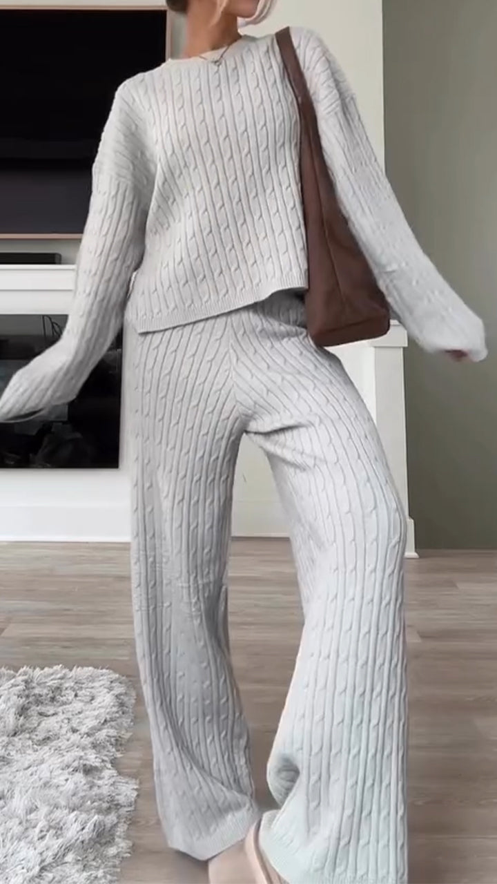 Women Round Neck Solid Color Cable Knitted Suit - Seldom Seen Styles
