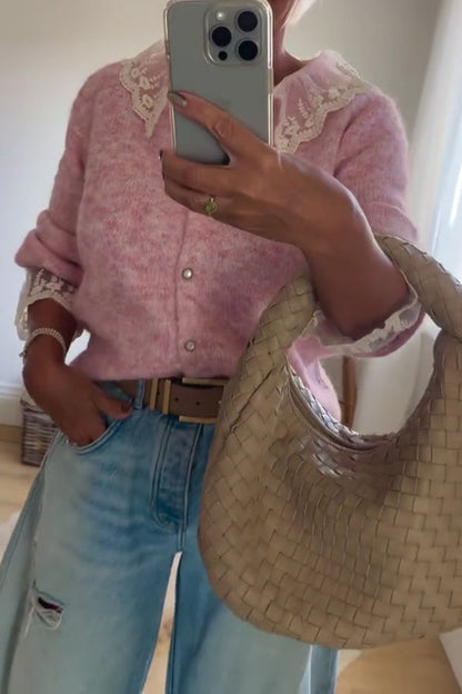 Women Casual Lace Panel Cardigan Sweater - Seldom Seen Styles