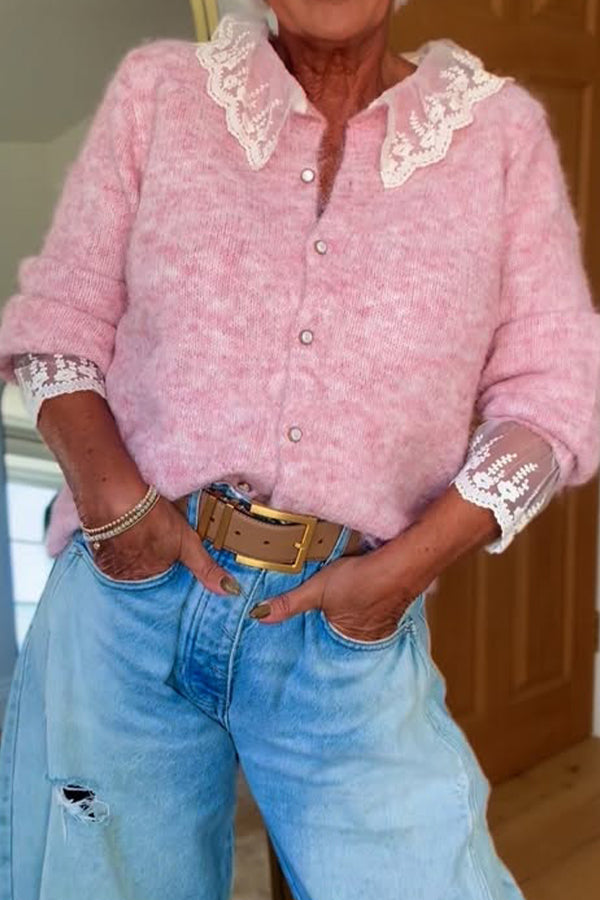 Women Casual Lace Panel Cardigan Sweater - Seldom Seen Styles