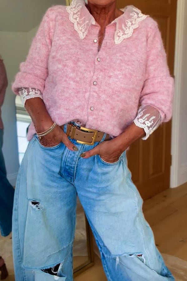 Women Casual Lace Panel Cardigan Sweater - Seldom Seen Styles