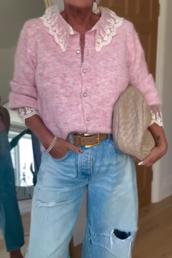 Women Casual Lace Panel Cardigan Sweater - Seldom Seen Styles