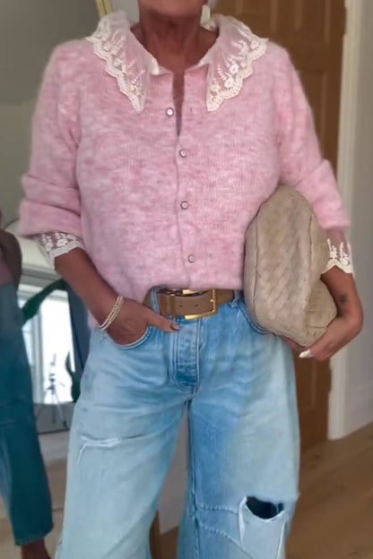 Women Casual Lace Panel Cardigan Sweater - Seldom Seen Styles