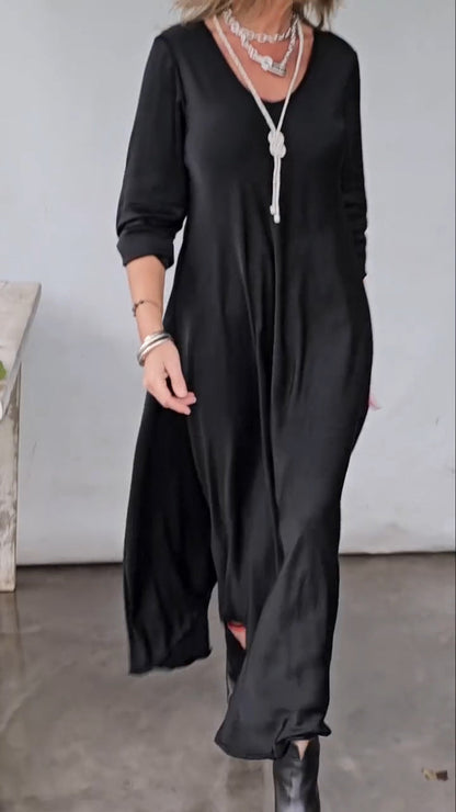 Women Round Neck Solid Color Loose Casual Dress - Seldom Seen Styles