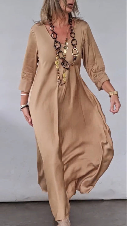 Women Round Neck Solid Color Loose Casual Dress - Seldom Seen Styles