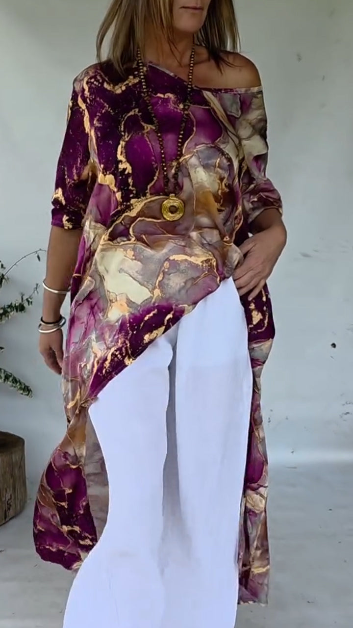 Women Round Neck Printed Irregular Casual Top - Seldom Seen Styles