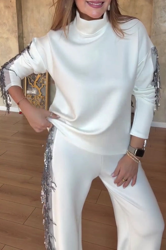 Women Casual High Neck Long Sleeve Sequined Tassel Splicing Top + Pants Suit - Seldom Seen Styles