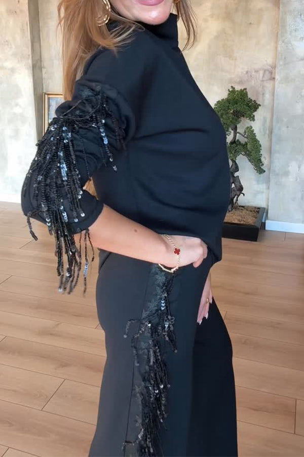 Women Casual High Neck Long Sleeve Sequined Tassel Splicing Top + Pants Suit - Seldom Seen Styles