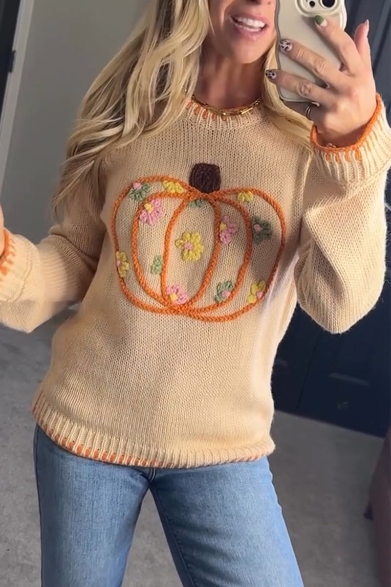 Women Crew Neck Knitted Embroidered Thanksgiving Casual Sweater - Seldom Seen Styles