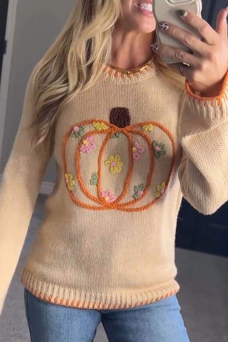 Women Crew Neck Knitted Embroidered Thanksgiving Casual Sweater - Seldom Seen Styles