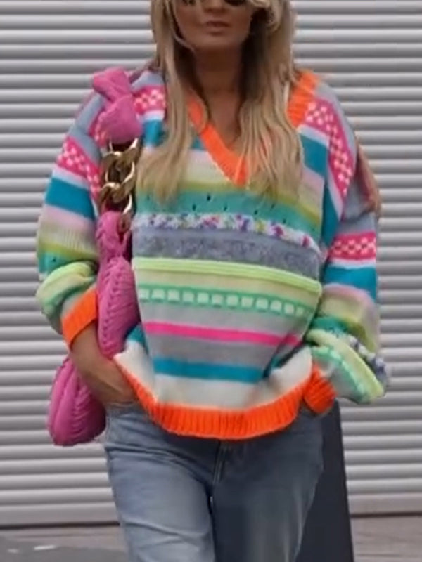 Women V-neck Colorful Casual Knitted Sweater - Seldom Seen Styles