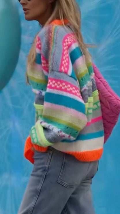 Women V-neck Colorful Casual Knitted Sweater - Seldom Seen Styles