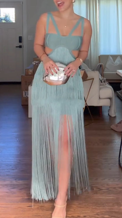 Women Suspender Hollow Stitching Tassel Solid Color Elegant Temperament Evening Party Dress - Seldom Seen Styles