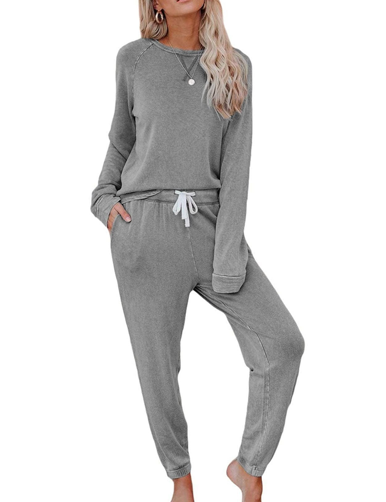 Women's Solid Sweatsuit Set 2 Piece Long Sleeve Pullover and Drawstring Sweatpants Sport Outfits Sets - Seldom Seen Styles