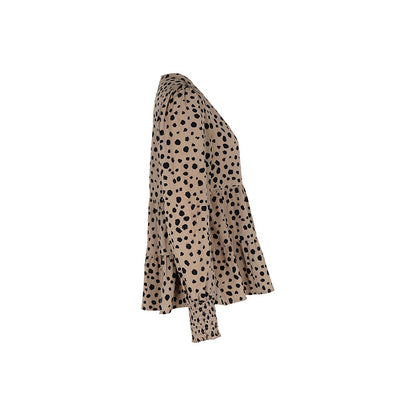 Leopard Print Blouse Shirts for Womens Black Polka Dots V Neck Long Sleeve Blouse Ruffle Flared Hem Babydoll Blouse