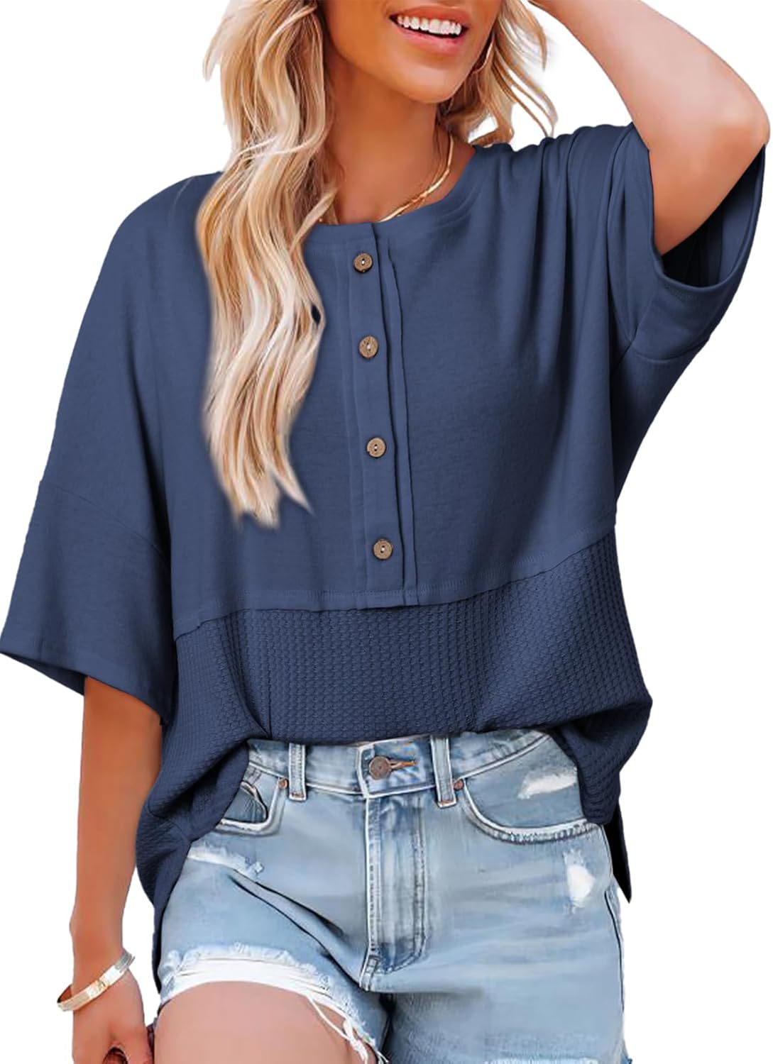 Womens Waffle Knit Tops 2025 Fashion 3/4 Sleeve Casual Button Down Shirts Crew Neck Oversized Patchwork Blouses - Seldom Seen Styles