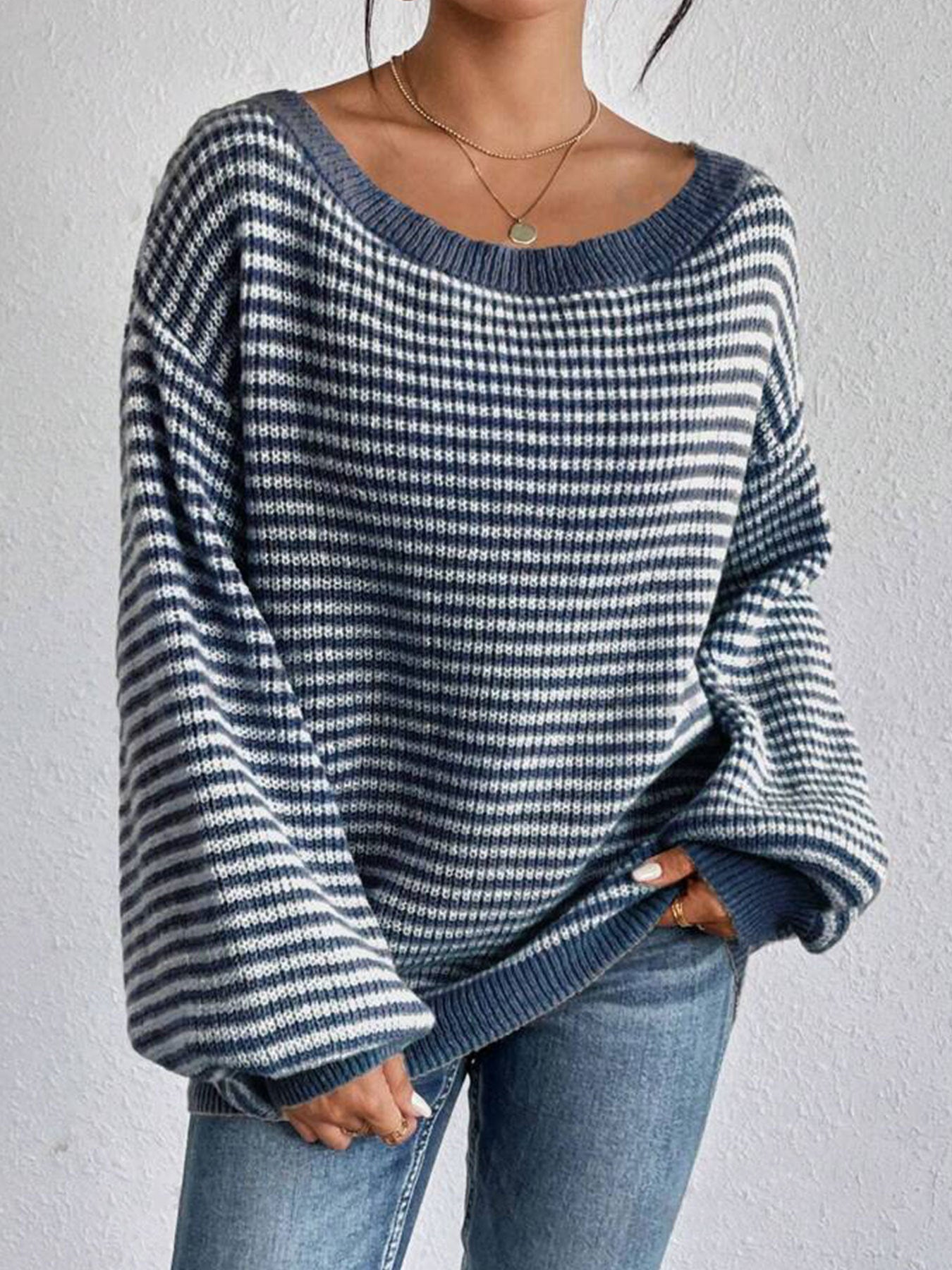 Women's Striped Drop Shoulder Sweater, Y2k Casual Bishop Sleeve Boat Neck Jumper Tops for Daily Outdoor Wear Back To School, Sweaters for Women, Ladies Knitwear for Fall, Fall Outfits, Fallfreshness, Preppy 80s Clothes - Seldom Seen Styles