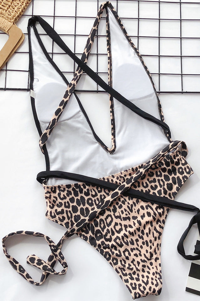 Leopard Criss Cross One Piece Swimwear - Seldom Seen Styles