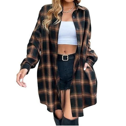 Women's Button Down Flannel Shirts Plaid Shacket Long Sleeve Collared Long Jacket Coats #Springtok - Seldom Seen Styles