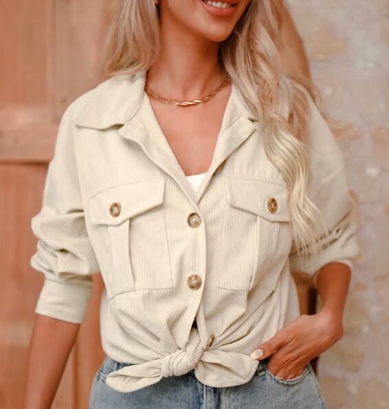 Womens Fashion Cropped Corduroy Shackets Button Down Jackets Tops Fall Trendy Long Sleeve Shirts - Seldom Seen Styles