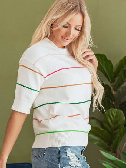 Women's Striped Print Sweater, Casual Short Sleeve Round Neck Jumper for Daily Wear, Ladies Knitwear for Spring & Fall, Lightweight Womenswear - Seldom Seen Styles