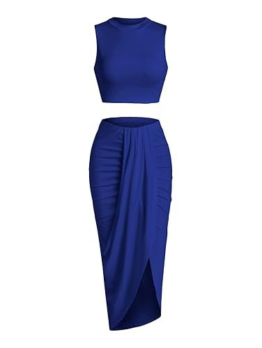 Women's Solid Crop Tank Top & Ruched Asymmetrical Hem Split Skirt Set, Chic Casual Mock Neck Sleeveless Top & High Waist Wrap Skirt, Womenswear Outfit - Seldom Seen Styles