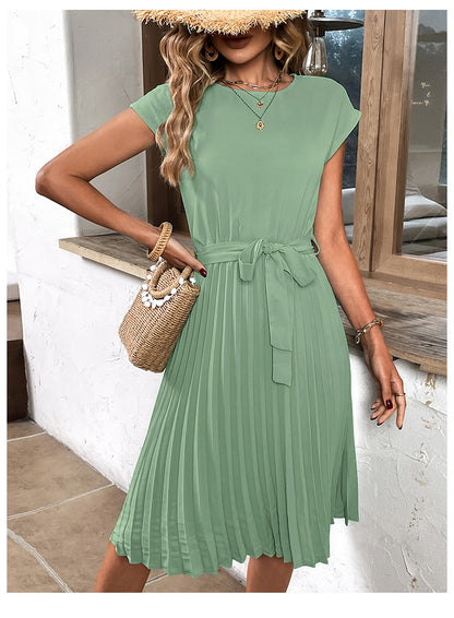 Women Summer Maxi Pleated Dress Casual Cap Sleeve Flowy Swing Loose Fit Midi Dresses Pocket Crew Neck Back Button