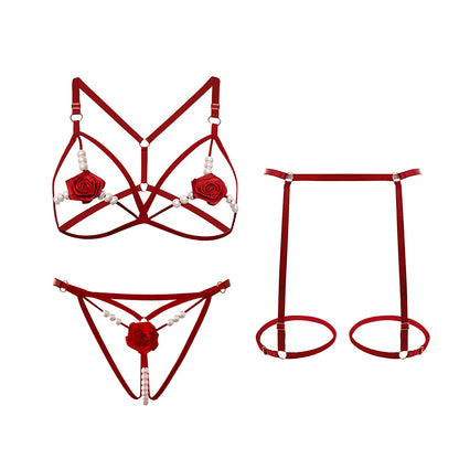 Romantic Rose Embroidered 3-Piece Lingerie Set with Sensory Pearls - T-Back Bra & Thong in 5 Colors - Seldom Seen Styles