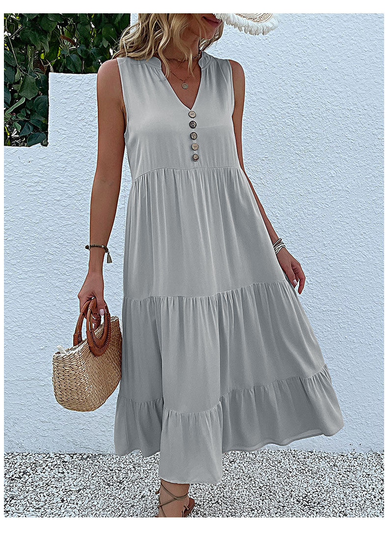 Summer Flowy Maxi Dress with Pockets Sleeveless Loose Casual Sundress V-Neck Tiered Sun Dress for Beach Cruise Vacations