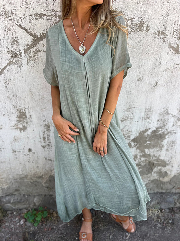 Cotton and Linen V-neck Midi Dress - Seldom Seen Styles