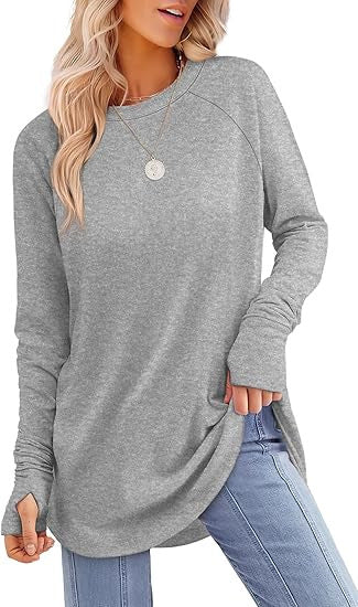 Womens Tunic Tops to Wear with Leggings Long Sleeve Thumb Hole Shirts Crew Neck Curved Hem - Seldom Seen Styles