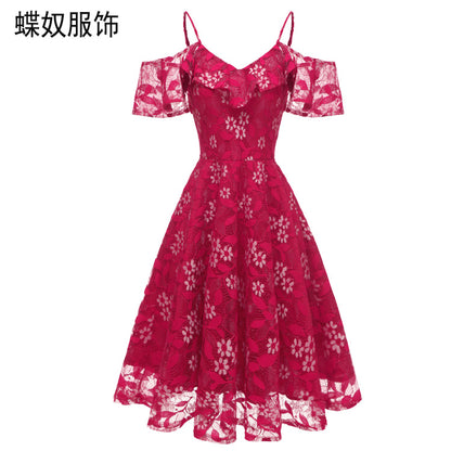 1950S LACE COLD SHOULDER RUFFLE DRESS pink lace dress tiered dresses for women - Seldom Seen Styles