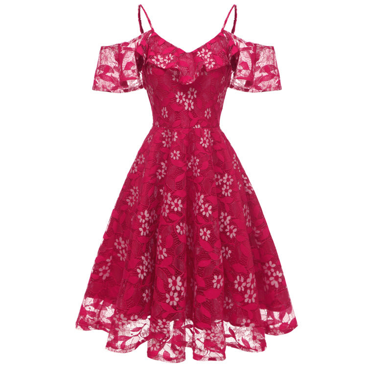 1950S LACE COLD SHOULDER RUFFLE DRESS pink lace dress tiered dresses for women - Seldom Seen Styles