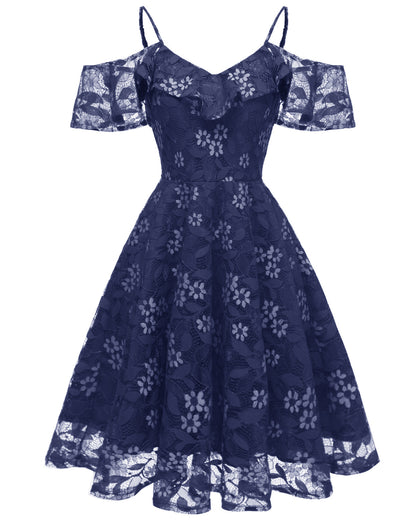 1950S LACE COLD SHOULDER RUFFLE DRESS pink lace dress tiered dresses for women - Seldom Seen Styles