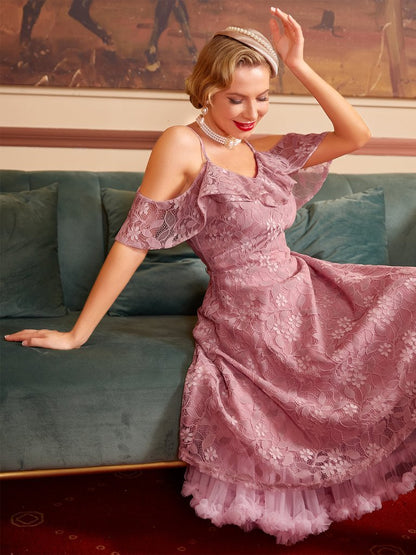 1950S LACE COLD SHOULDER RUFFLE DRESS pink lace dress tiered dresses for women - Seldom Seen Styles
