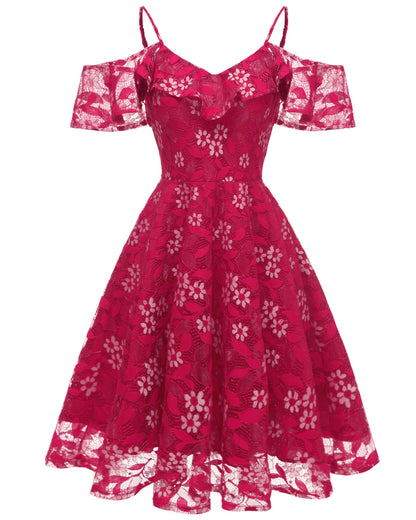 1950S LACE COLD SHOULDER RUFFLE DRESS pink lace dress tiered dresses for women - Seldom Seen Styles