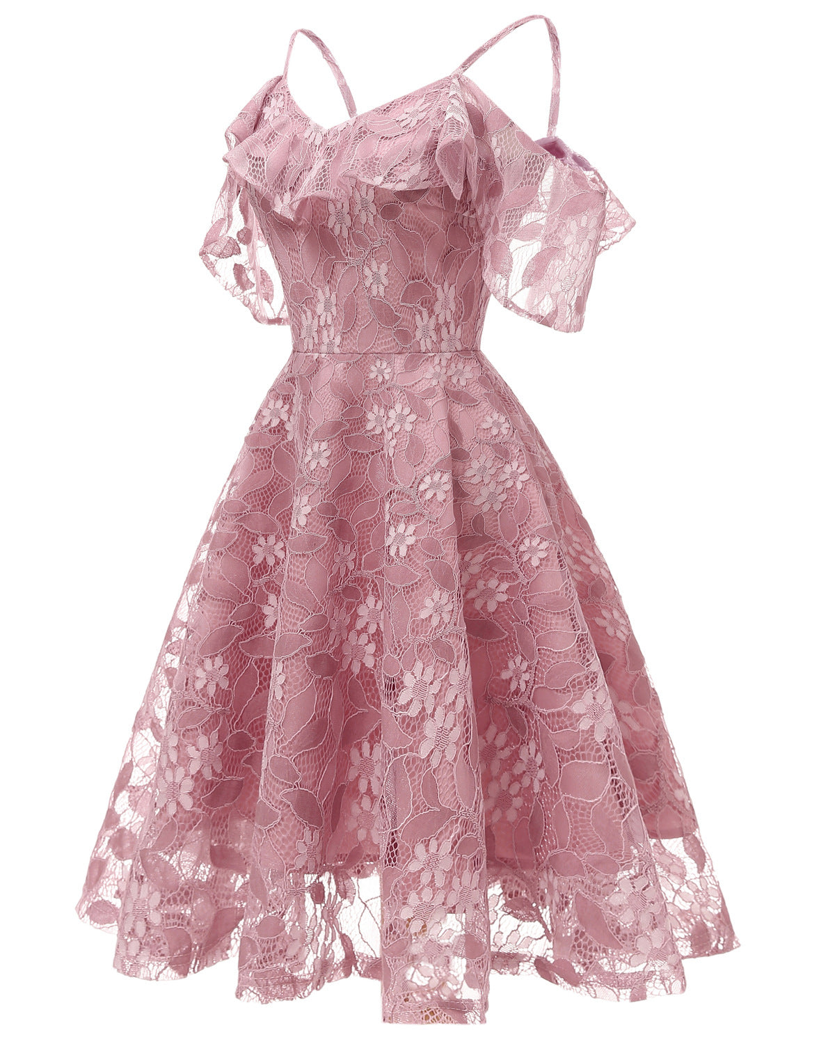 1950S LACE COLD SHOULDER RUFFLE DRESS pink lace dress tiered dresses for women - Seldom Seen Styles