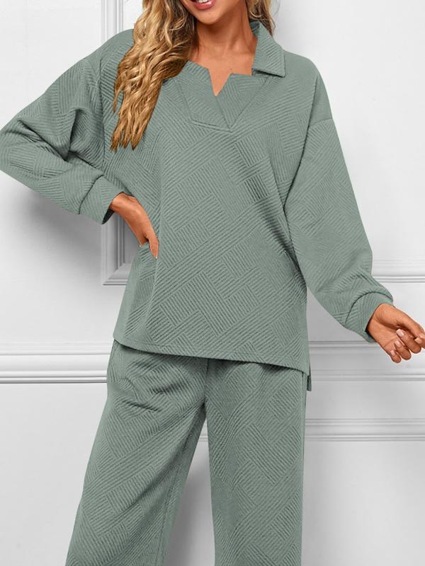 Women 2-Piece Outfit 2025 Fall Winter Lapel V Neck Long Sleeve Pullover and Wide Leg Pants Lounge Sets Pockets #Outdoorfun - Seldom Seen Styles