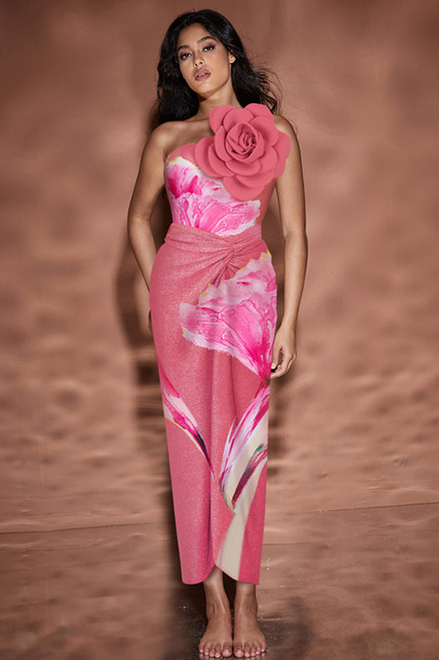 3D Flower One Shoulder Swimsuit & Skirt Set - Seldom Seen Styles