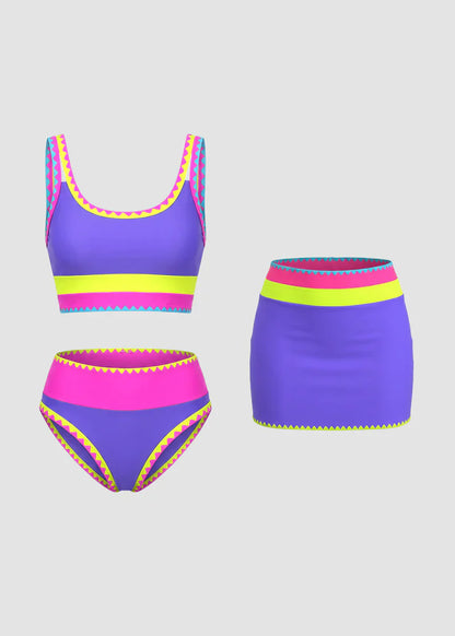 Color Contrast Patchwork Nylon Sporty 3 Piece Bikini Sets