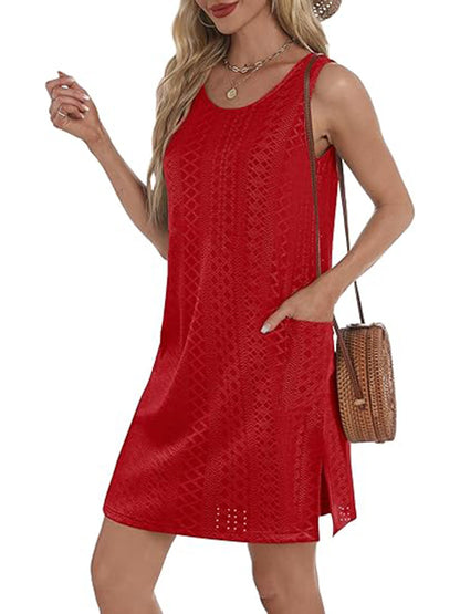 Coverup Summer Dresses for Women 2025 Eyelet Casual Loose Sleeveless Sundresses Tank Dresses with Pockets