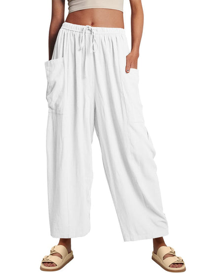 Womens Wide Leg Pants Casual Loose Drawstring Flowy Summer Beach Palazzo Harem Pants with Pockets - Seldom Seen Styles