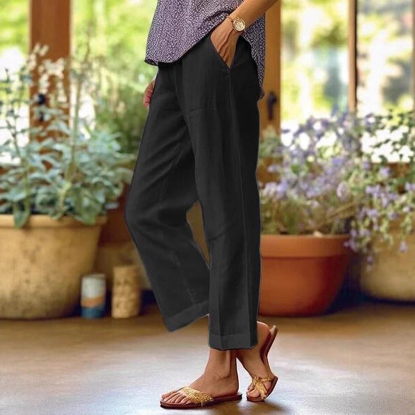 Linen Pants Women Summer Elastic Waist Straight Leg Plus Size Crop Pants Casual Beach Trousers with Pockets - Seldom Seen Styles