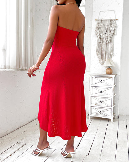 Sleeveless Ruched Cinched Waist Draped Bandeau Dress Eyelet Embroidery Slit Asymmetrical Hem Vacation Dress